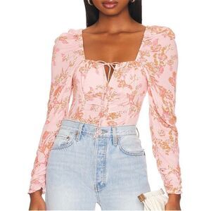 FREE PEOPLE Hilary Pink Floral‎ Crop Top Puff Sleeve Square Neck Size Medium New